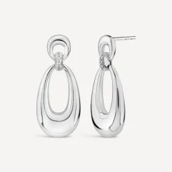 Sterling Silver Cubic Zirconia Set Open Polished Oval Drop Earrings