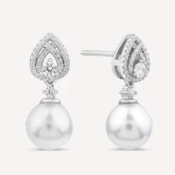 Sterling Silver Cubic Zirconia Double Halo Pear & Pearl Drop Earrings