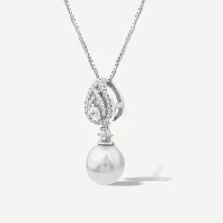 Sterling Silver Cubic Zirconia Double Halo Pear & Pearl Drop Pendant