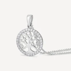 Sterling Silver Cubic Zirconia Tree of Life Pendant (Chain Included)
