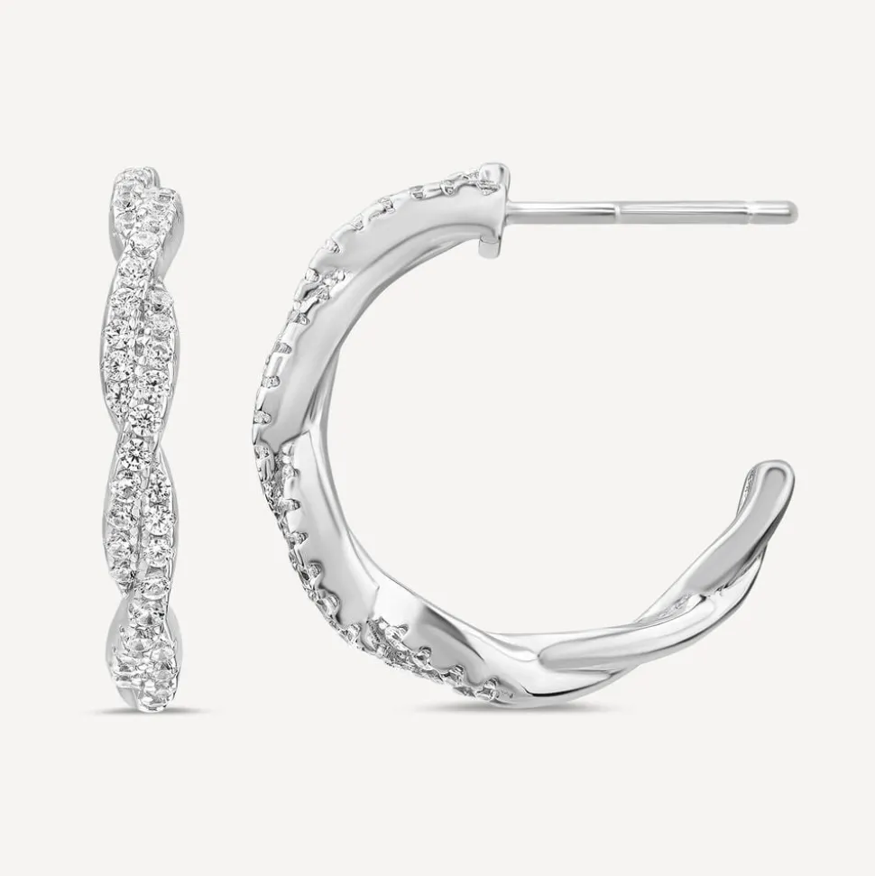 Sterling Silver Cubic Zirconia Set Twisted Hoop Earrings
