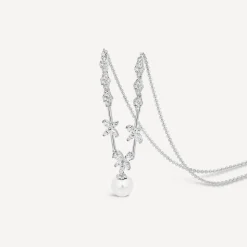 Sterling Silver Cubic Zirconia Flower and Cubic Zirconia Cluster Pearl Drop Necklet