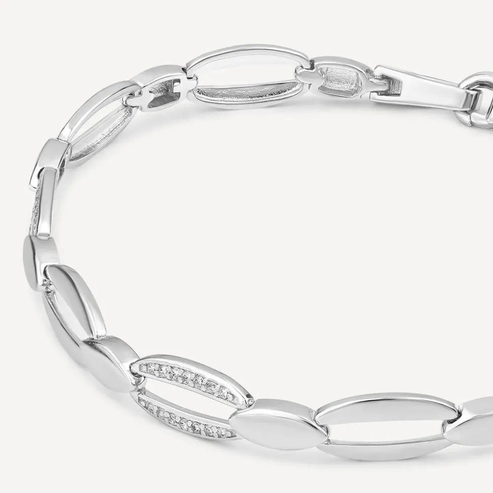 Sterling Silver Cubic Zirconia & Polished Open Oval Link Bracelet