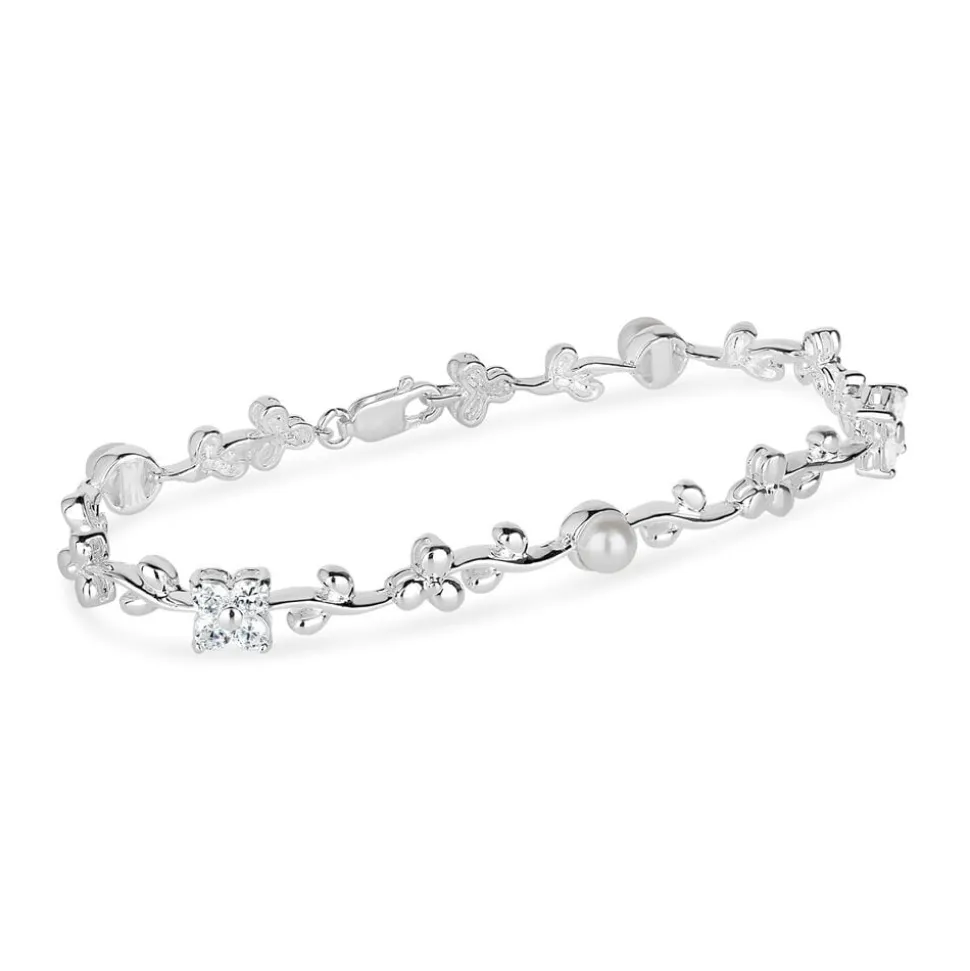 Sterling Silver Cubic Zirconia & Pearl Cluster Flower Bracelet