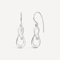 Sterling Silver Cubic Zirconia Double Leaf Shaped Drop Earrings