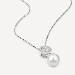 Sterling Silver Cubic Zirconia Double Halo Pear & Pearl Drop Pendant