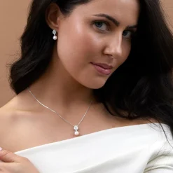 Sterling Silver Cubic Zirconia Double Halo Pear & Pearl Drop Earrings