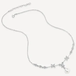 Sterling Silver Cubic Zirconia Flower and Cubic Zirconia Cluster Pearl Drop Necklet