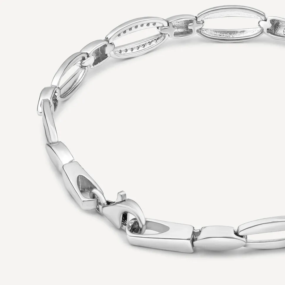 Sterling Silver Cubic Zirconia & Polished Open Oval Link Bracelet