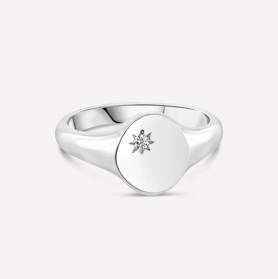 Sterling Silver Cubic Zirconia Set Polished Oval Signet Ring
