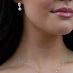 Sterling Silver Cubic Zirconia Double Halo Pear & Pearl Drop Earrings