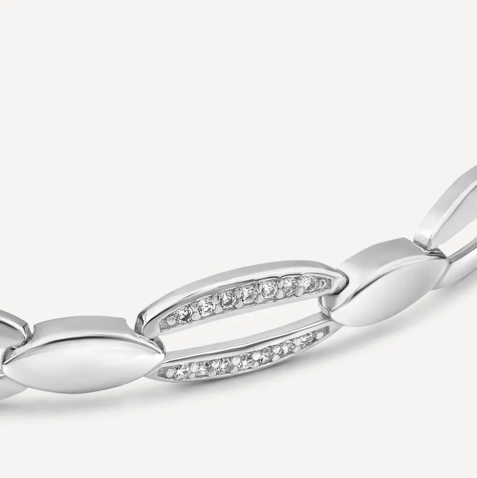 Sterling Silver Cubic Zirconia & Polished Open Oval Link Bracelet