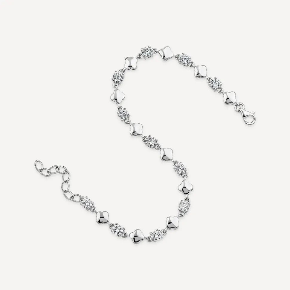 Sterling Silver Cubic Zirconia & Polished Petal Bracelet