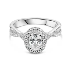 Sterling Silver Cubic Zirconia Halo & Twisted Shoulders Ring