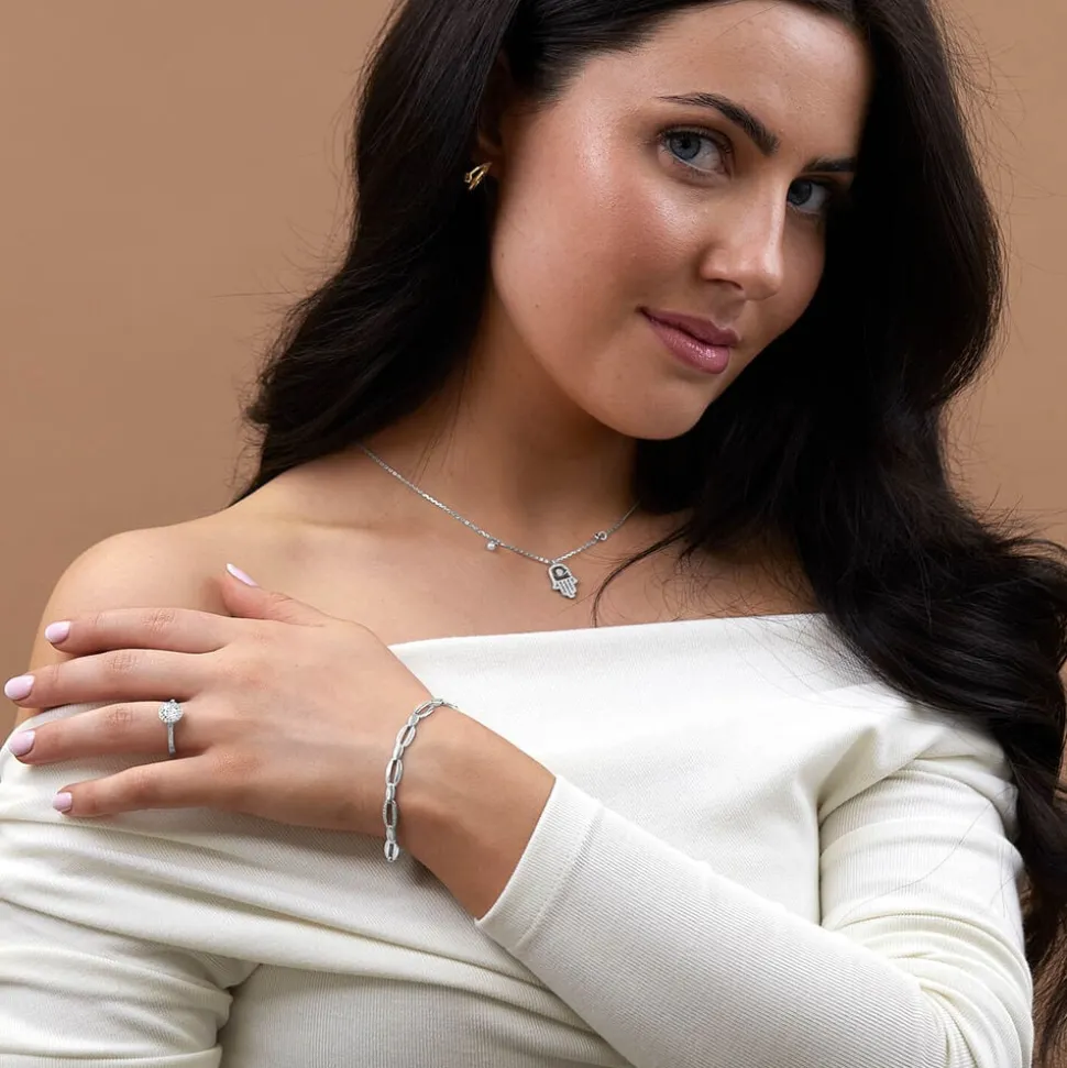 Sterling Silver Cubic Zirconia & Polished Open Oval Link Bracelet
