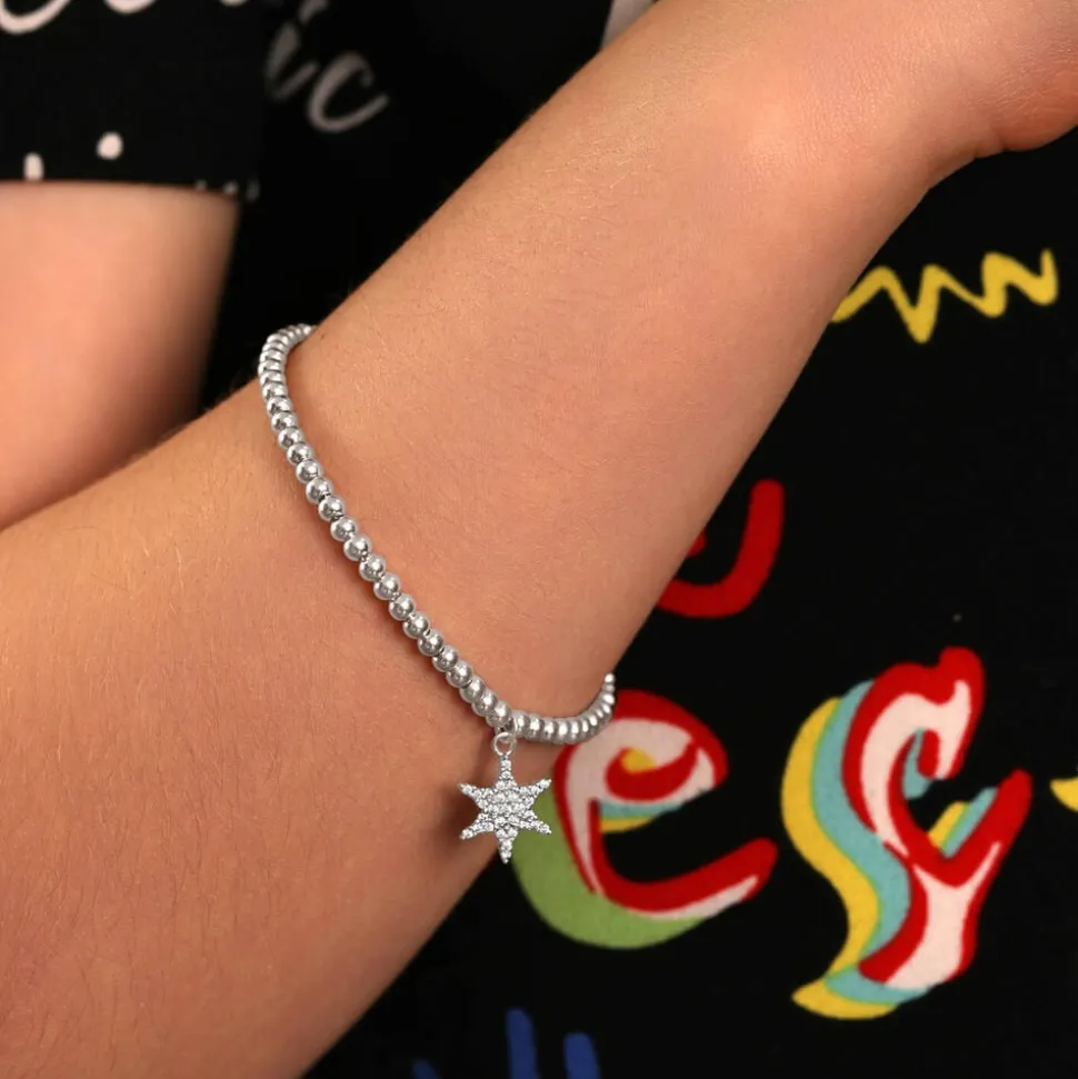 Sterling Silver Cubic Zirconia Star Make-A-Wish Bead Bracelet