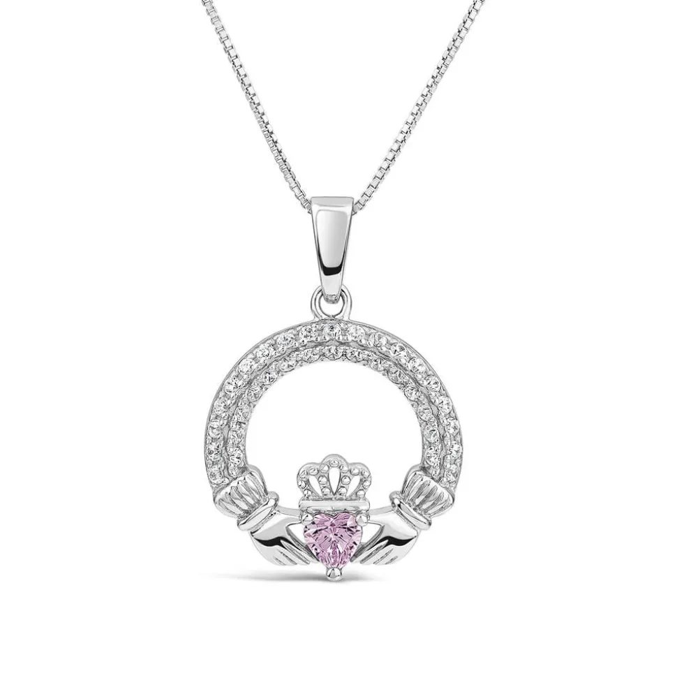 Sterling Silver February Birthstone Pave Cubic Zirconia Claddagh Pendant