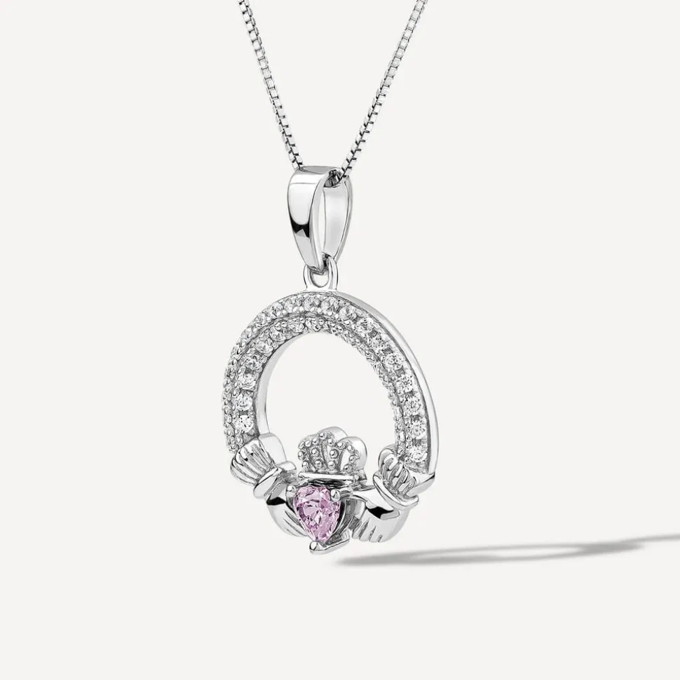 Sterling Silver February Birthstone Pave Cubic Zirconia Claddagh Pendant