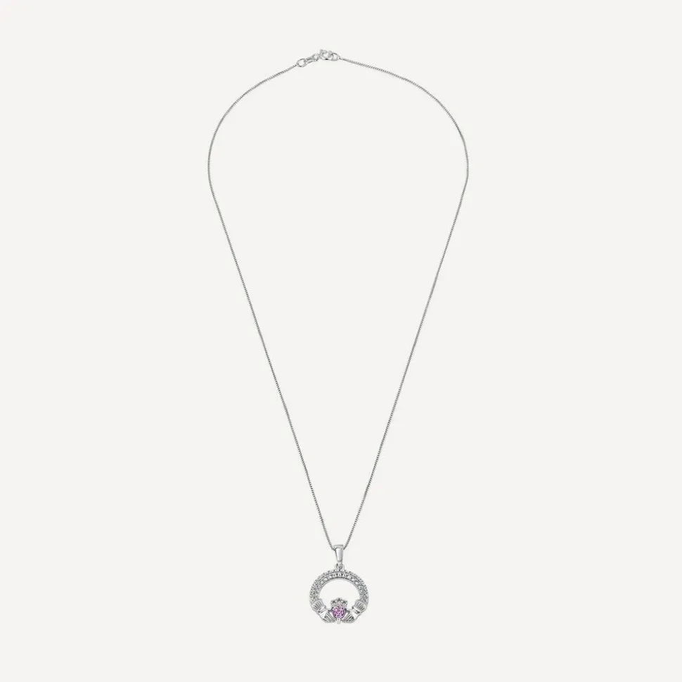 Sterling Silver February Birthstone Pave Cubic Zirconia Claddagh Pendant