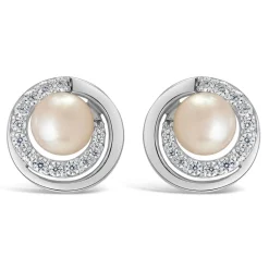 Sterling Silver Freshwater Cultured Pearl and Cubic Zirconia Circle Stud Earrings