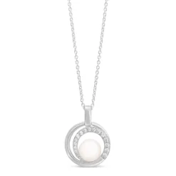 Sterling Silver Freshwater Cultured Pearl and Cubic Zirconia Circle Pendant (Chain Included)