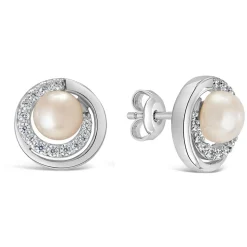 Sterling Silver Freshwater Cultured Pearl and Cubic Zirconia Circle Stud Earrings