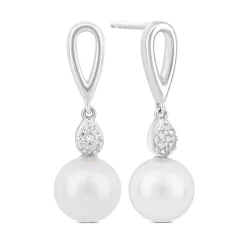 Sterling Silver Freshwater Cultured Pearl and Cubic Zirconia Drop Earrings
