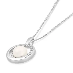 Sterling Silver Freshwater Cultured Pearl and Cubic Zirconia Circle Pendant (Chain Included)