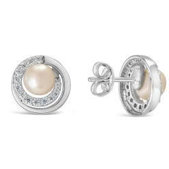 Sterling Silver Freshwater Cultured Pearl and Cubic Zirconia Circle Stud Earrings