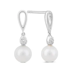 Sterling Silver Freshwater Cultured Pearl and Cubic Zirconia Drop Earrings