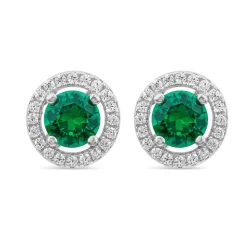 Sterling Silver Green Centre Stone & Cubic Zirconia Halo Stud Earrings