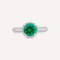 Sterling Silver Green Centre Stone & Cubic Zirconia Shoulders Ring
