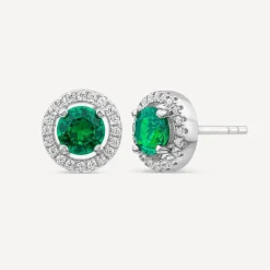 Sterling Silver Green Centre Stone & Cubic Zirconia Halo Stud Earrings