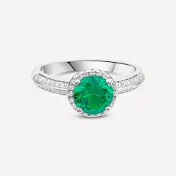 Sterling Silver Green Centre Stone & Cubic Zirconia Shoulders Ring