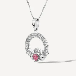 Sterling Silver July Birthstone Pave Cubic Zirconia Claddagh Pendant
