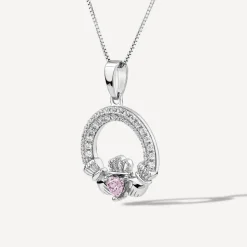Sterling Silver June Birthstone Pave Cubic Zirconia Claddagh Pendant