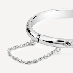 Sterling Silver Lines & Flower Engraved Safety Chain Baby Bangle