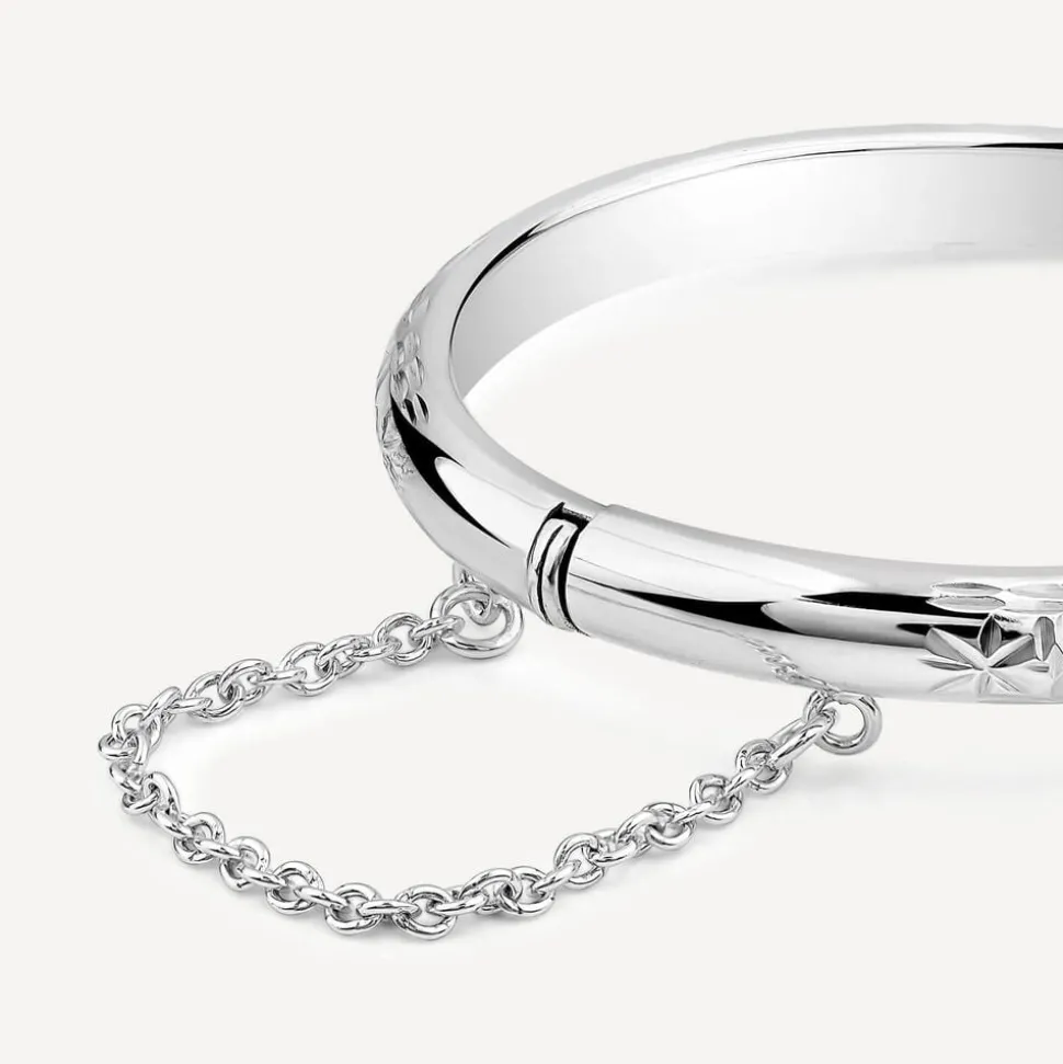 Sterling Silver Lines & Flower Engraved Safety Chain Baby Bangle