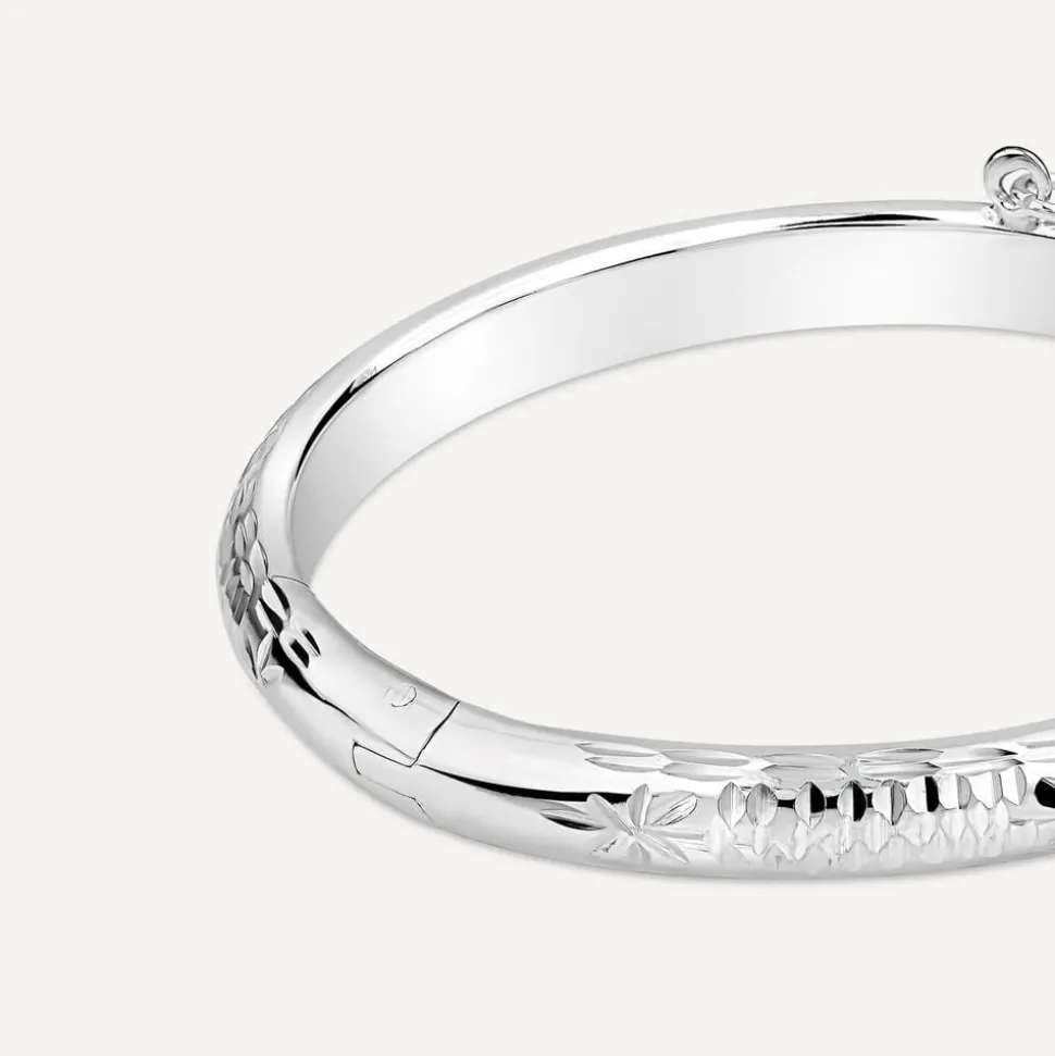 Sterling Silver Lines & Flower Engraved Safety Chain Baby Bangle