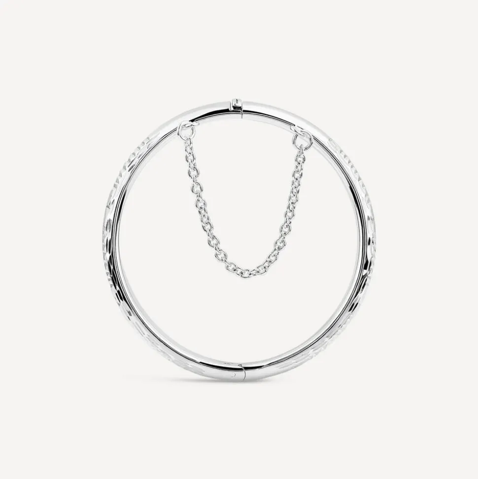 Sterling Silver Lines & Flower Engraved Safety Chain Baby Bangle