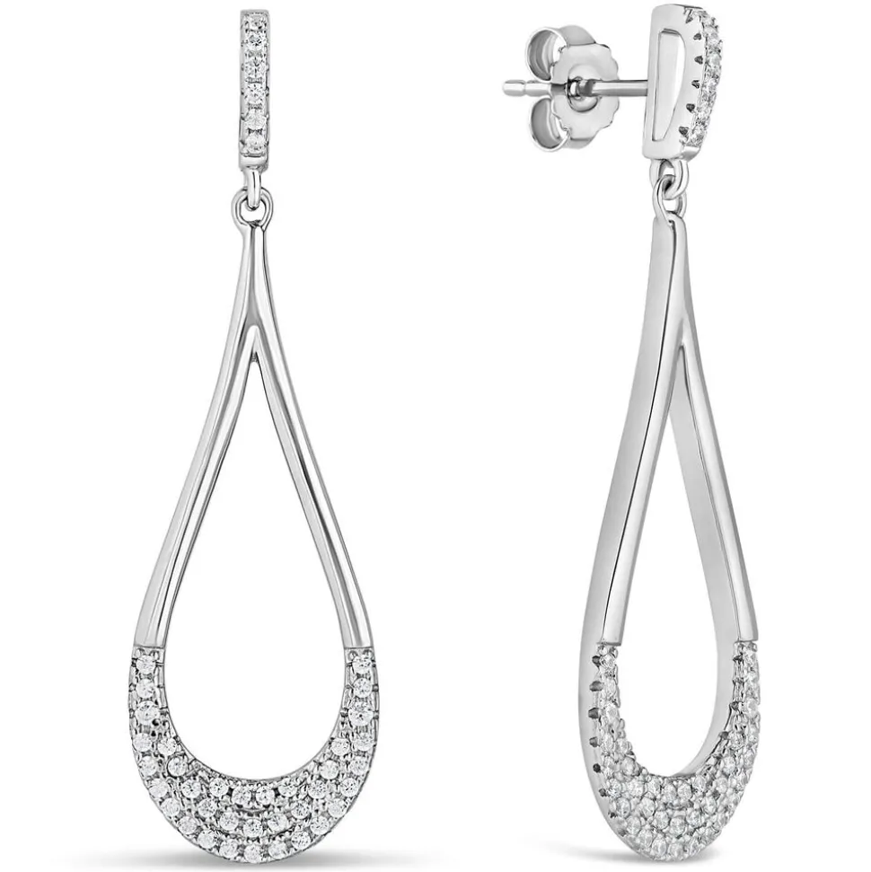 Sterling Silver Long Open Polished Loop with Pave Cubic Zirconia Drops