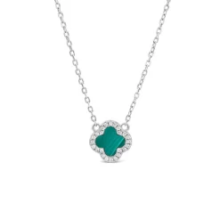 Sterling Silver Malachite & Cubic Zirconia Clover Petal Necklet