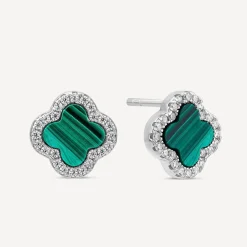 Sterling Silver Malachite & Cubic Zirconia Clover Petal Stud Earrings