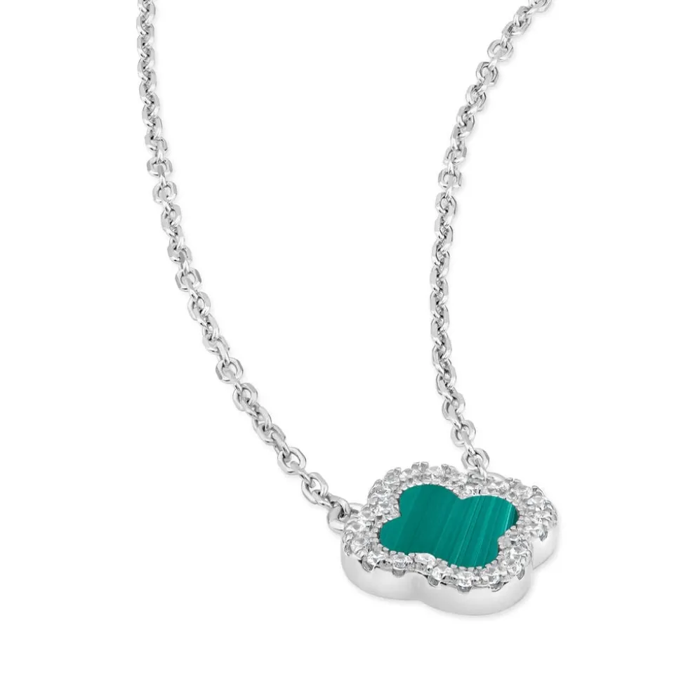 Sterling Silver Malachite & Cubic Zirconia Clover Petal Necklet