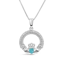 Sterling Silver March Birthstone Pave Cubic Zirconia Claddagh Pendant