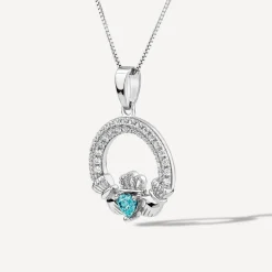 Sterling Silver March Birthstone Pave Cubic Zirconia Claddagh Pendant