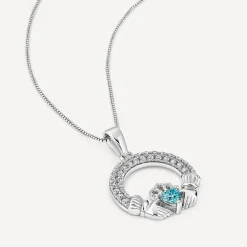 Sterling Silver March Birthstone Pave Cubic Zirconia Claddagh Pendant