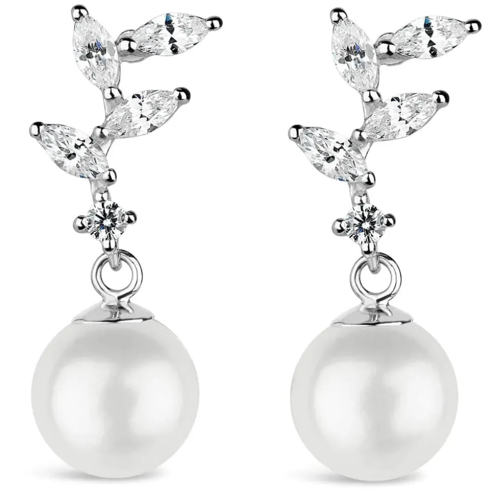 Sterling Silver Marquise Cubic Zirconia Pearl Drop Earrings