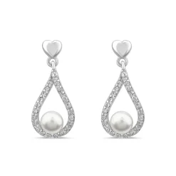 Sterling Silver 4.5-5mm Freshwater Pearl & Cubic Zirconia Open Tear Shaped Drop Earrings