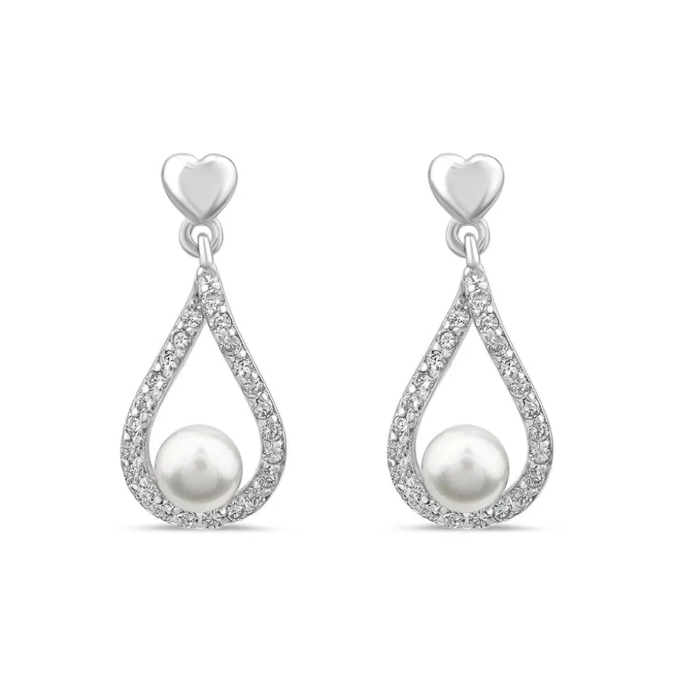Sterling Silver 4.5-5mm Freshwater Pearl & Cubic Zirconia Open Tear Shaped Drop Earrings